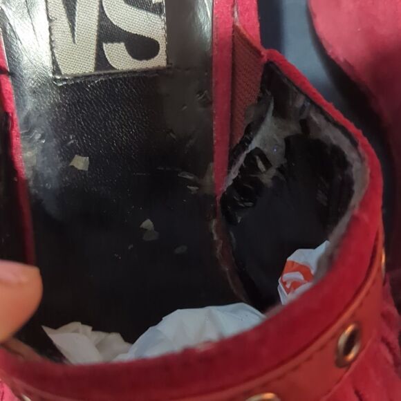 VICTORIA SECRET SENELA 9 red LEATHER Sexy 70s Vibe MULE FRINGE WEDGE SHOE - Picture 9 of 11